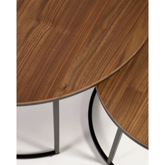 KAVE HOME -  Set Yoana di 2 tavolini impiallacciati noce e metallo verniciato nero Ø 80 cm/Ø 50 cm