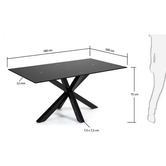 KAVE HOME - Tavolo Argo in vetro nero con gambe in acciaio finitura nera 160 x 190 cm