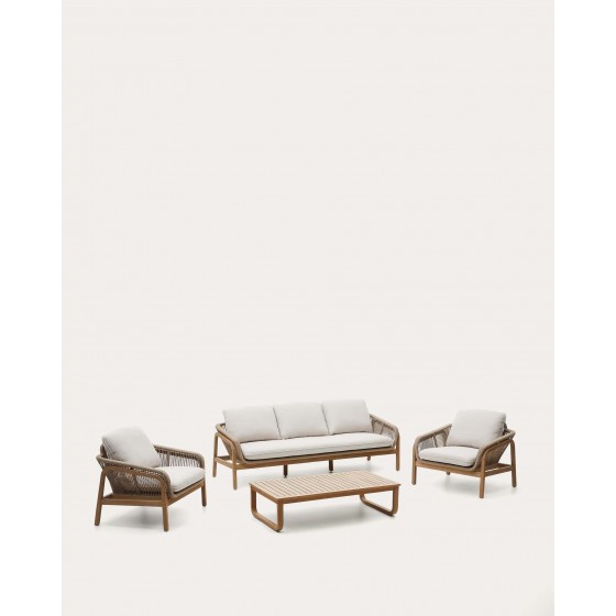 KAVE HOME - Set Vellana formato da divano a 3 posti, 2 poltrone e tavolino da salotto in legno massicc